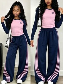 Tween Girls Casual Fashion Bow Design Pink & Navy Blue Colorblock Pattern Ruched Waist Long Sleeve T-Shirt With Navy Blue Base & Pink Stripe Wide Leg Pants Fall Outfits - Multicolor - View 1