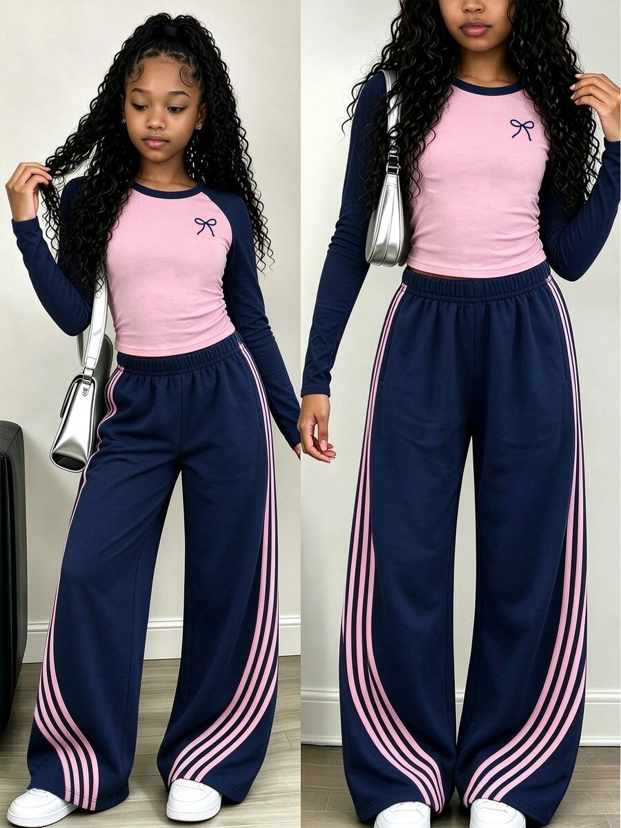 Tween Girls Casual Fashion Bow Design Pink & Navy Blue Colorblock Pattern Ruched Waist Long Sleeve T-Shirt With Navy Blue Base & Pink Stripe Wide Leg Pants Fall Outfits - Multicolor - View 1