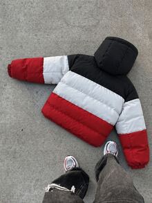 Manfinity Roghcode Men's Colorblock Puffer Jacket, Black Red White Contrast Hooded Zip-Up Loose Fit Winter Coat, Suitable For Streetwear And Daily Wear - Red - View 2