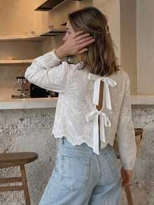 Serisse Women's Embroidered Back Bow Decor Fashion Blouse - White - View 3