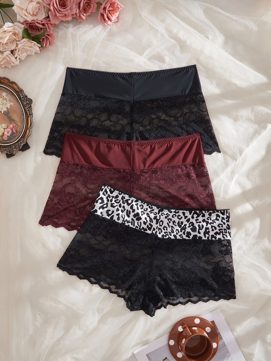 Snug Zone 3件組性感蕾絲拼接大尺碼女款內褲,極簡浪漫法式風四角內褲 - 彩色 - 查看 1