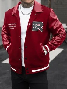 Manfinity CasualCool Men's Solid Colour Patchwork Front Button Long Sleeve Letter Print Casual Baseball Jacket,Teamjacket - Red - View 5