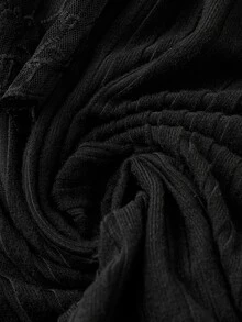 EMERY ROSE Plus Size Women's Best-Selling Elegant Ribbed Brushed Lace Trim Patchwork Mid-Length Shawl Cardigan, Minimalist Slimming Cut Design, Suitable For Daily Commute, Outings, Dates And Gatherings - Black - View 3