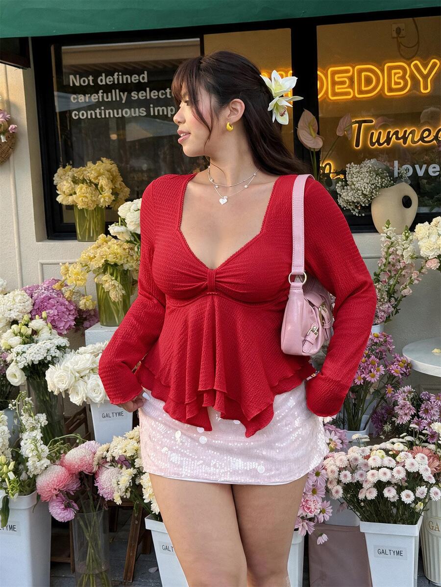 GalTyme 大尺碼女款純色百褶休閒百搭日常T恤 - 酒紅色 - 查看 1