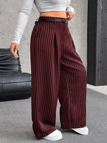 SHEIN EZwear Plus Size Solid Color Button Closure Casual Wide Leg Pants With Belt In Fall/Winter - Burgundy - View 4