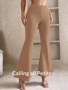 SHEIN PETITE 純色喇叭褲腿春季黑色長褲 - 駝色 - 查看 7