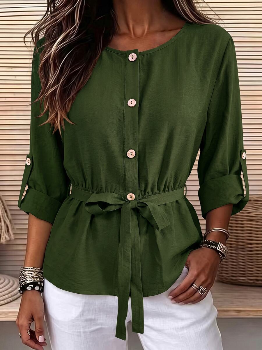 EMERY ROSE Women's Vintage Cinched Waist Casual Commute Long Sleeve Round Neck Blouse - Green - View 1