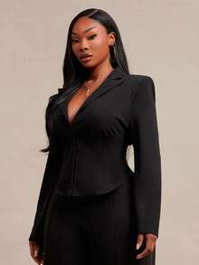 SHEIN SXY Black Padded Shoulder V-Neck Cropped Fitted Waist Blazer - Black - View 3