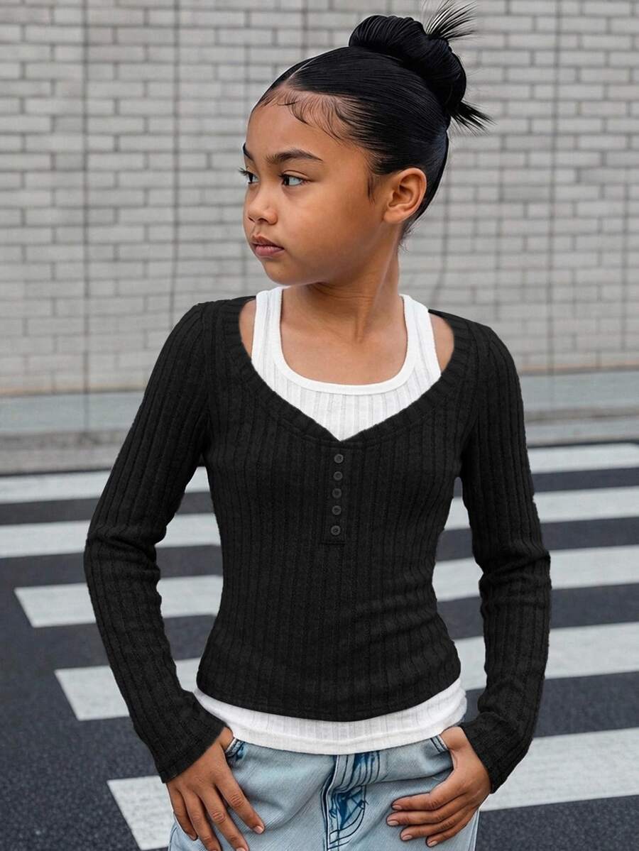 SHEIN 青少年女孩拼接羅紋長袖灰色T恤 - 黑色 - 查看 1