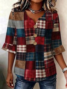 Breezaya Reverse Tide V-Neck Button Decor Mid-Sleeve Blouse Wedding Guest Vacation Blue Light Boho Vintage - Multicolor - View 4