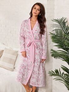 Serenescape Vacation Style V-Neck Ink Wash Pink Floral Contrast Color Loose Long Sleeve Women's Robe - Multicolor - View 4