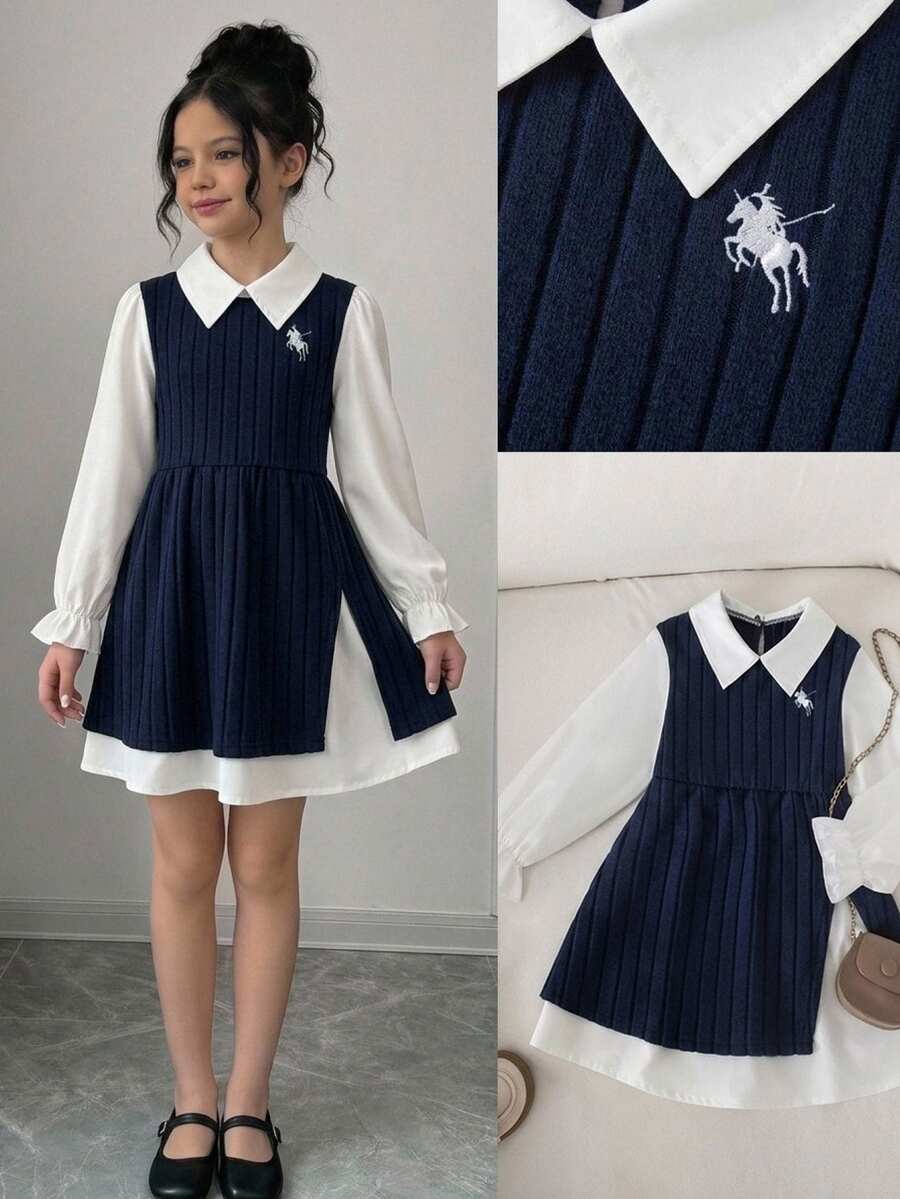SHEIN Tween Girl Knit Solid Color Patchwork Woven Contrast Color 2 In 1 Casual Dress - Multicolor - View 1