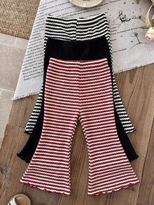 SHEIN LMoss Kids LMoss 3件組女嬰針織純色條紋休閒喇叭褲套裝 - 酒紅色 - 查看 4