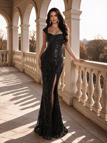 Coutiva Heavy Beaded Full-Coverage Heart Neckline Fitted Mermaid Side Slit Train Evening Gown - Black - View 2