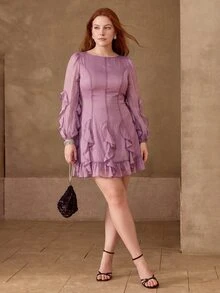 MOTF PREMIUM WOMEN'S PURPLE SHINY RUFFLE TRIM ELEGANT SHORT DRESS - Purple - View 3