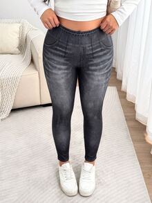 Enliva Legging Stretch Bermotif Ukuran Besar, Celana Kasual Slim Fit Pinggang Tinggi - Dark Grey - View 5
