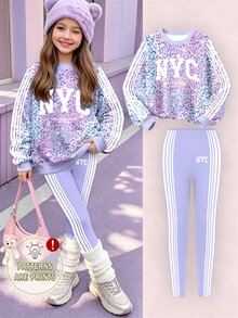 (1套)青少年女孩時尚紐約三色漸層豹紋與白色條紋圓領運動衫搭配緊身褲，秋冬款 - 彩色 - 查看 1