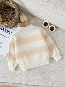 SHEIN LMoss Kids 女嬰圓領套頭毛衣，粉色條紋，柔軟舒適，適合秋冬穿著 - 白色 - 查看 2