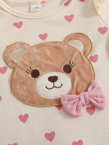 SHEIN 2 Pack Baby Girls Romper Jumpsuit Sweet Pink Cream Bear Heart Print Ruffle Bow Long Sleeve Round Neck Regular Holiday Fall Princess Cozy Ribbed - Baby Pink - View 4
