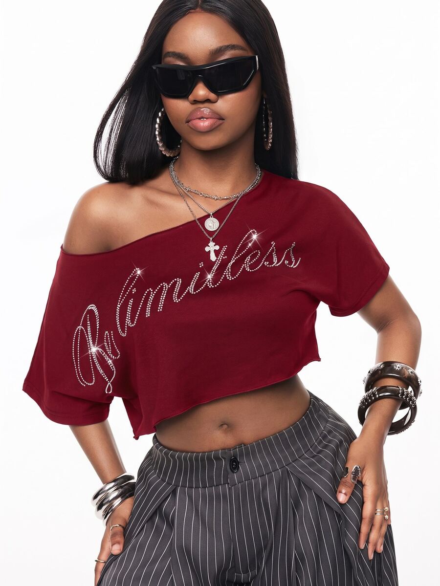 Vadaroq Women's Asymmetrical Shoulder Letter Rhinestone Casual Everyday T-Shirt - Burgundy - View 1