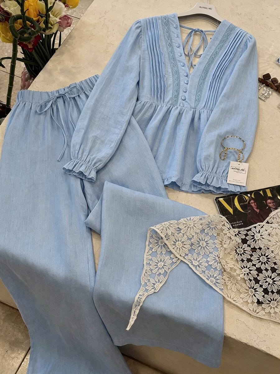 Franclia Soft Style Linen 2 Pieces Set, Summer V-Neck Frill Trim Sleeveless Top + High-Waist Drawstring Wide-Leg Pants - Blue - View 1