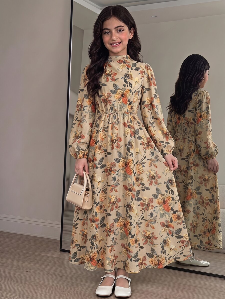 SHEIN Tween Girl 灰調花卉印花長袖休閒 Downtown Girl 風格優雅通勤洋裝 立領燈籠袖 A 字版型復古連身裙 秋季 - 棕色 - 查看 1
