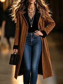 SHEIN ChicEase جاكيت نسائي متعدد الألوان كاجوال متعدد الاستخدامات للارتداء اليومي - بني مصدي - مشاهدة 3