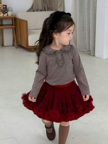 DAZY Infant (Girl) Casual Long Sleeve Top With Turn-Down Collar And Ruffle Trim - Coffee Brown - View 3