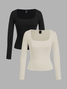 SHEIN EZwear 2件組女款純色方領長袖休閒T恤 - 彩色 - 查看 1