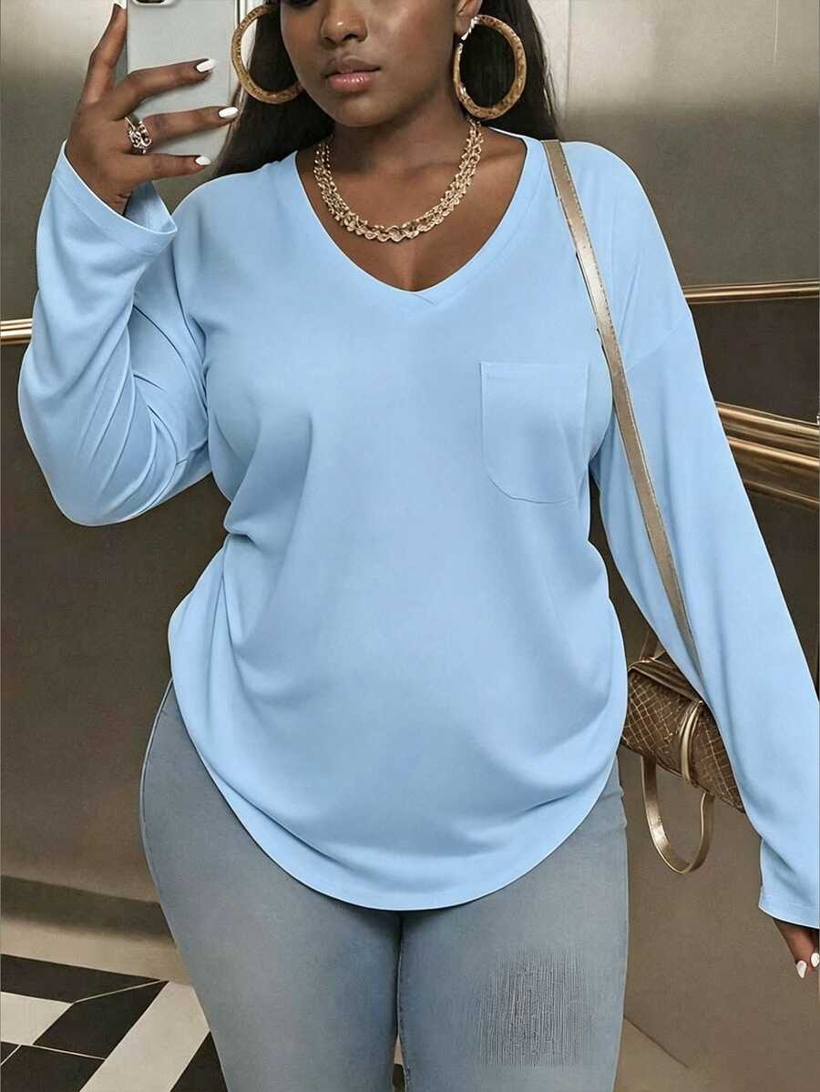 INAWLY Plus Size V-Neck Long Sleeve T-Shirt Fall Cloth For Women - Baby Blue - View 1
