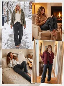 SHEIN EZwear 女款休閒寬鬆前綁帶抓絨人造毛針織運動長褲，適合日常穿著與返校季，秋冬女款運動長褲 - 黑色 - 查看 6