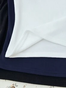 SHEIN Tween女孩秋冬新款休閒極簡舒適針織抓絨素色方領長袖T恤 3件組 - 藏蓝色 - 查看 6