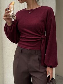 Siren Gaze 女款休閒純色收腰T恤，秋冬春季波爾多紅/酒紅 - 酒紅色 - 查看 6
