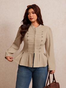 Elaquor Plus Size Women's Long Sleeve Button Design Pleated Hem Casual Jacket Fall - Apricot - View 4