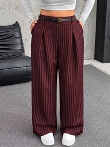 SHEIN EZwear Plus Size Solid Color Button Closure Casual Wide Leg Pants With Belt In Fall/Winter - Burgundy - View 3