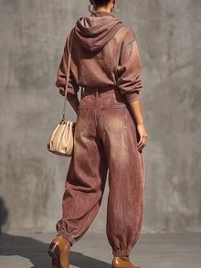 Balvessa 女款休閒日常牛仔褲，附口袋與鈕扣 - 棕色 - 查看 2