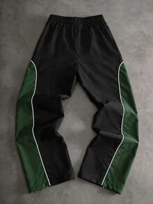 1件青少年男孩高街時尚拼色拼接白色飾邊刺繡梭織直筒長褲，對比繩飾設計，新穎時尚，舒適面料，適合多樣穿搭，夏季新品，四季皆宜 - 黑/綠 - 查看 2