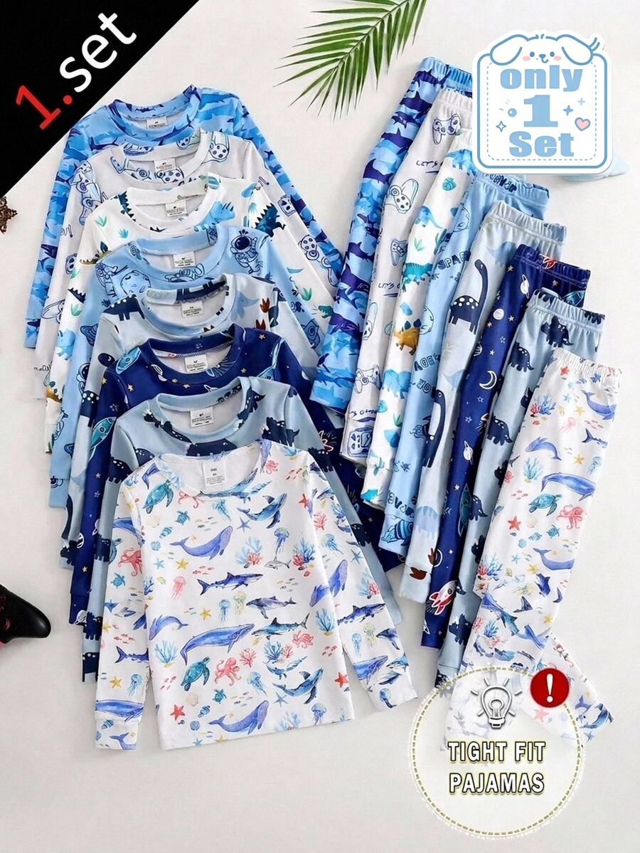 Snug Fit 男童修身長袖長褲睡衣套裝,新品上市,可愛童趣風格,海洋生物圖案印花布料,舒適居家睡衣休閒服 - 藍白色 - 查看 1