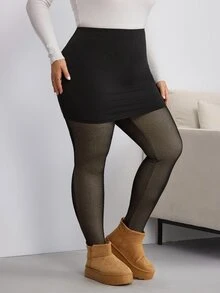 SHEIN CURVE+ Plus Size Solid Color High Waist Simple Fitted Leggings, Casual Everyday Wear - Black - View 7