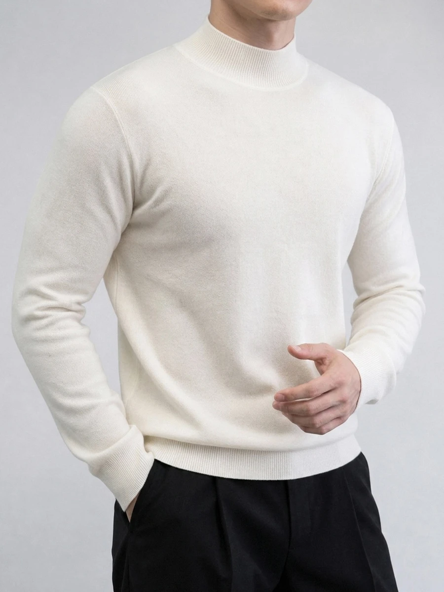 DAZY Autumn/Winter White Semi-High Neck Fitted Long Sleeve Base Layer Korean Style Men's Sweater - White - View 1