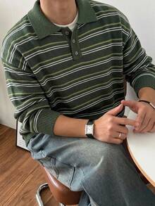 DAZY 秋冬款軍綠色、淺綠色、米色條紋波羅領男士毛衣 - 綠色 - 查看 1