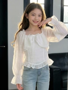 Dazy Kids Tween Girl Cute Stylish Short Blouse With Frill Trim And Petal Sleeve - White - View 2
