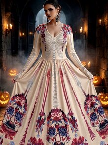 SHEIN LUNE CURVE Plus Size Dark Gothic Floral & Bone Print Dress Fall - Red and White - View 1