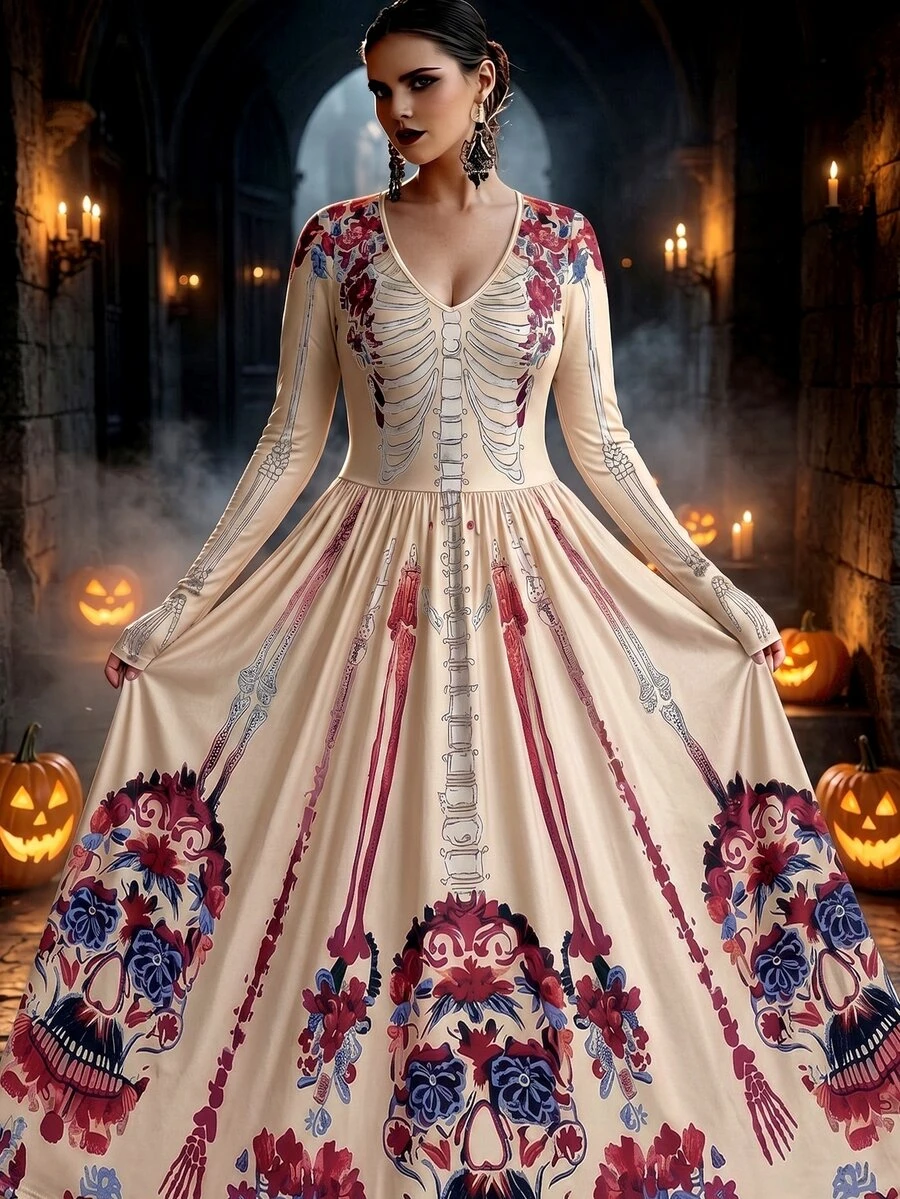 SHEIN LUNE CURVE Plus Size Dark Gothic Floral & Bone Print Dress Fall - Red and White - View 1