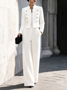 Balvessa Women's Elegant Double-Breasted Long Sleeve Jacket And Pocket Pants Set - White - View 4