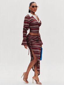 NYA SZN 女款設計師條紋拼接上衣與不對稱下擺裙套裝 - 紅色 - 查看 1