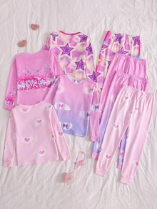[Randomly Sent 1 Set]Girls Pajamas Cute Character Print All-Over Print Fashionable Playful Pattern Full Print Crew Neck Fitted Long Sleeve And Long Pants Loungewear Sleepwear Set - Multicolor - View 2
