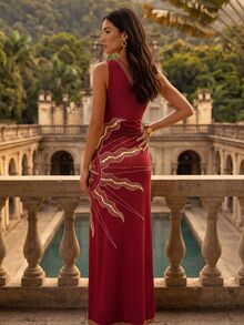 CAJUNI Red One-Shoulder Dress With Mystic Sun Print And Bead Details - Burgundy - View 2