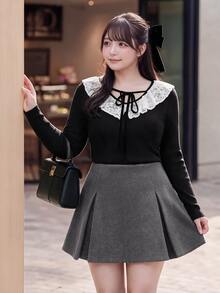 Bijouette Plus Size Women's Lace Patchwork Casual Daily Long Sleeve Sweater Winter - Black - View 1