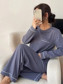 Napfluff طقم بيجامة نسائي من القطن 100% محبوك مريح بتصميم حواف وأكمام طويلة - أزرق بحري - مشاهدة 5